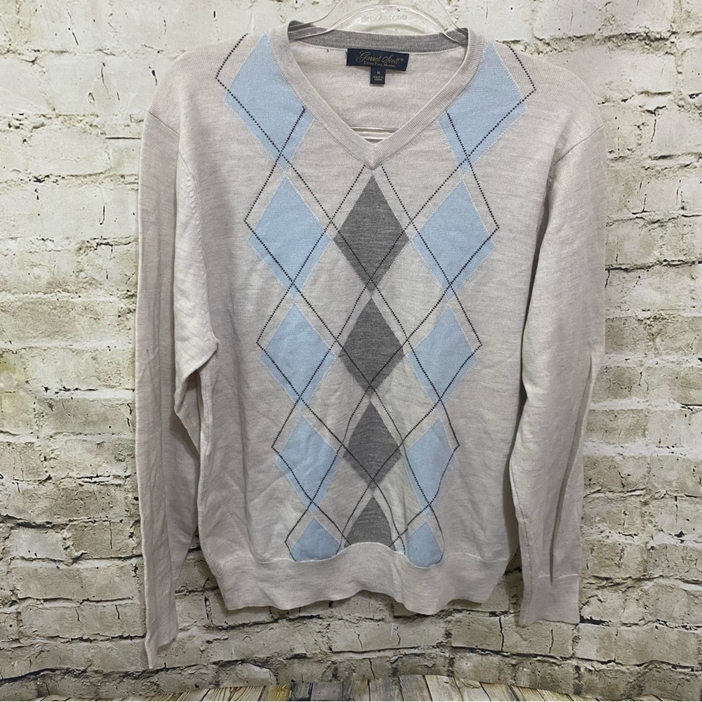 Garrett Scott Gray Blue 100% Merino Wool V Neck Argyle Knit Sweater